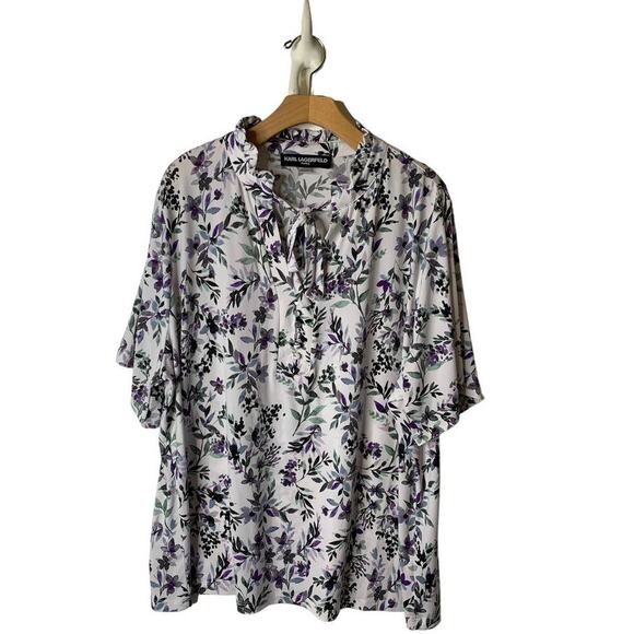 Karl Lagerfeld White Floral Jersey Tie-Neck Short Sleeve Blouse Plus Size 2X - Picture 1 of 8
